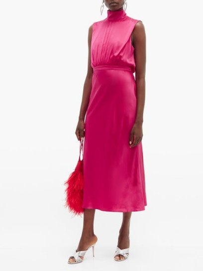 SALONI Fleur high-neck silk-satin midi dress in pink