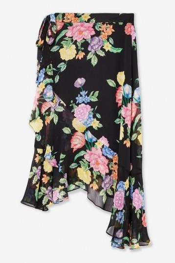Topshop Floral Chiffon Wrap Midi Skirt in Black | asymmetric ruffle trim skirts - flipped