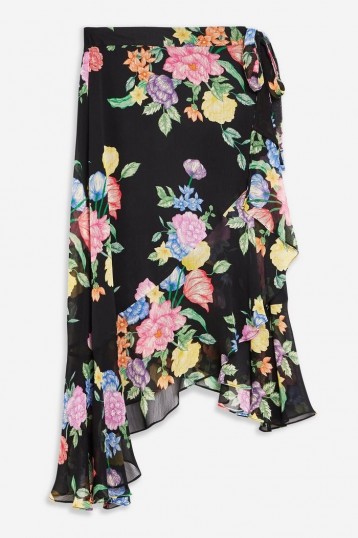 Topshop Floral Chiffon Wrap Midi Skirt in Black | asymmetric ruffle trim skirts