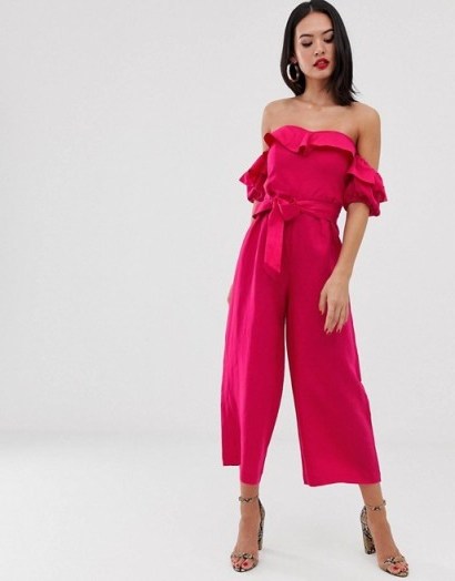 Forever New bardot belted jumpsuit in fuschia | hot-pink off the shoulder jumpsuits - flipped