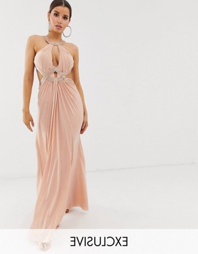 Forever Unique Exclusive embellished maxi dress with draped front in blush | pale-pink plunging gown - flipped