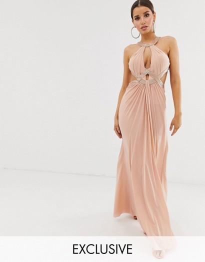 Forever Unique Exclusive embellished maxi dress with draped front in blush | pale-pink plunging gown