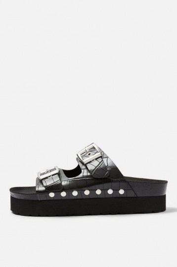 Topshop FREYA Vegan Black Footbed Sandals in Black | chunky summer flats - flipped