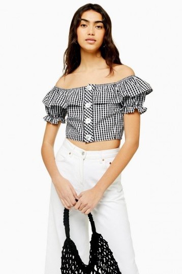 TOPSHOP Gingham Bardot Top / cropped off the shoulder blouse - flipped
