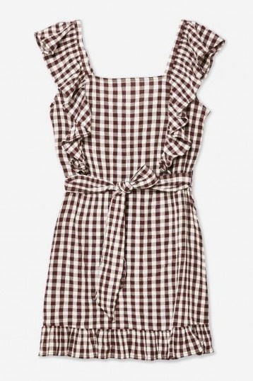 TOPSHOP Gingham Ruffle Mini Dress in Chocolate – brown frill trimmed dresses - flipped