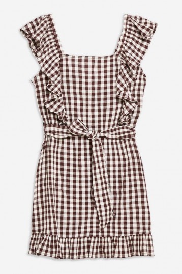 TOPSHOP Gingham Ruffle Mini Dress in Chocolate – brown frill trimmed dresses