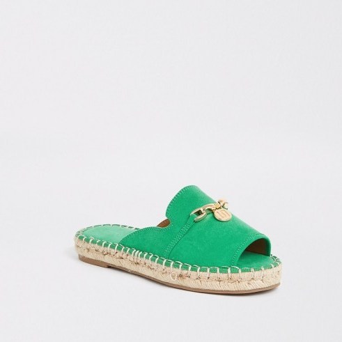 River Island Green espadrille peep toe sandals | slip-on summer flats - flipped