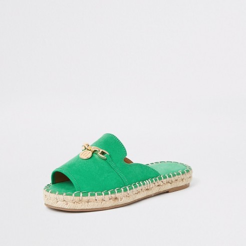 River Island Green espadrille peep toe sandals | slip-on summer flats