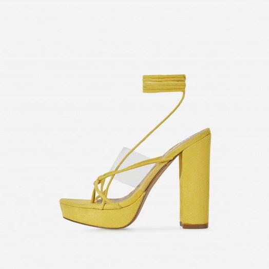 EGO Jamie Lace Up Perspex Platform Heel In Yellow Faux Suede | strappy summer platforms - flipped