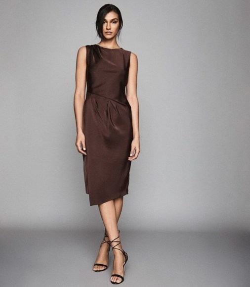 REISS JULIETTA PLEAT DETAILED MIDI DRESS CHOCOLATE ~ dark-brown sleeveless event dresses - flipped