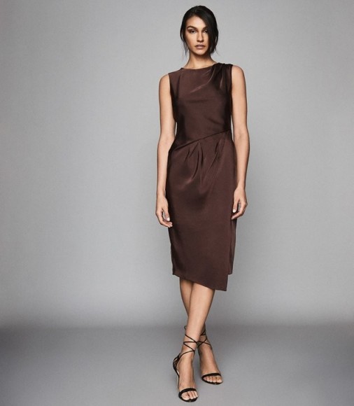 REISS JULIETTA PLEAT DETAILED MIDI DRESS CHOCOLATE ~ dark-brown sleeveless event dresses
