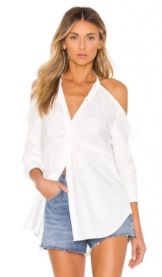 KENDALL + KYLIE Poplin Draped Tunic Top White – cold shoulder shirt - flipped