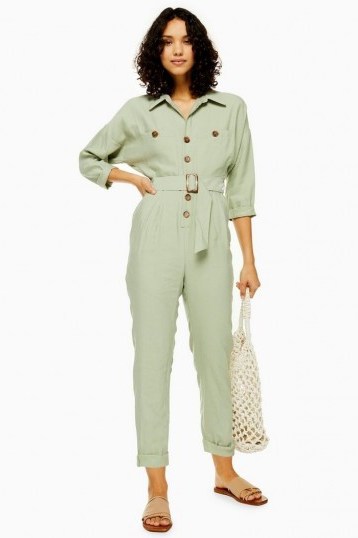 TOPSHOP Khaki Cupro Boiler Suit – green belted boilersuits – utility fashion - flipped