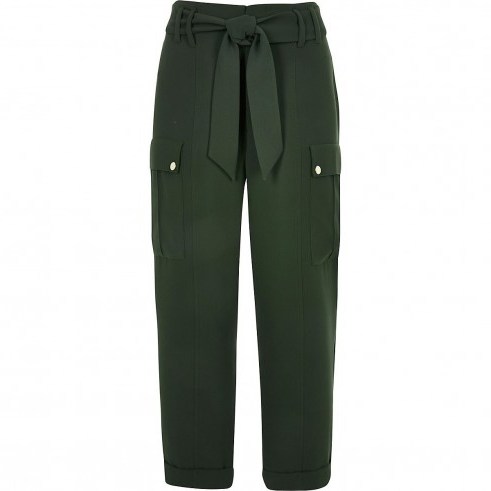 RIVER ISLAND Khaki utility trousers. GREEN TIE WAIST PANTS - flipped