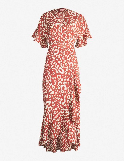 KITRI Freya leopard-print short-sleeved V-neck crepe dress / ruffle trimmed dresses
