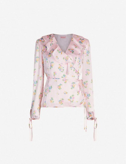 KITRI Jamie floral-print satin top / ditsy prints / frill trimmed wrap blouse