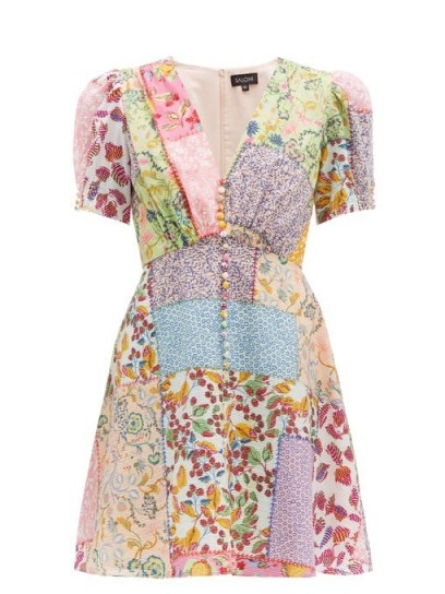 SALONI Lea patchwork-print cotton-blend mini dress ~ mixed florals