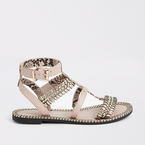 River Island Light pink woven detail caged flat sandal | strappy metallic detail flats - flipped