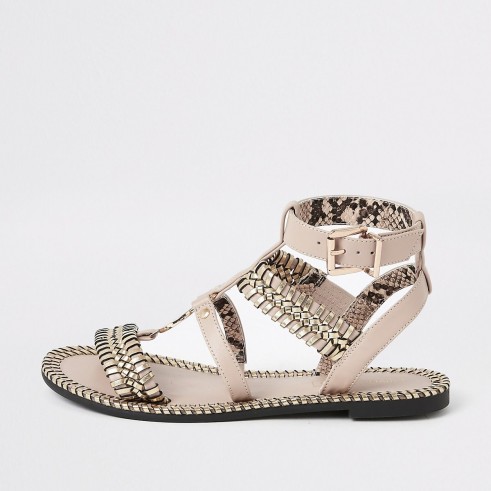 River Island Light pink woven detail caged flat sandal | strappy metallic detail flats