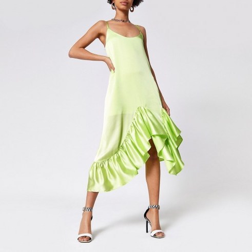River Island Lime frill midi slip dress | green ruffle hemmed party dresses - flipped