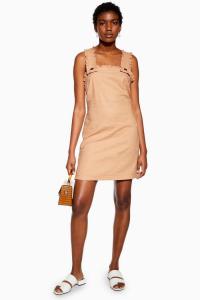 Topshop Linen Rich Ruffle Pinafore Mini Dress in Tan | summer pinafores