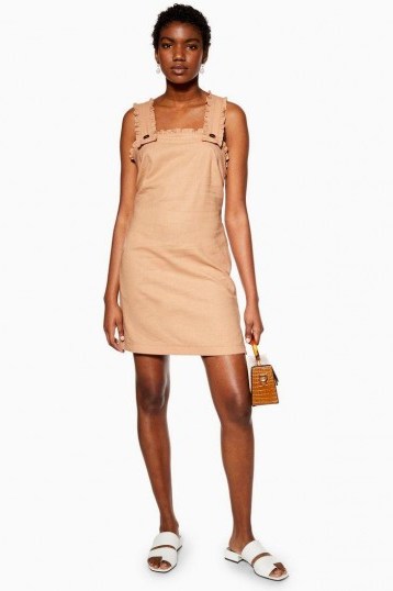 Topshop Linen Rich Ruffle Pinafore Mini Dress in Tan | summer pinafores - flipped