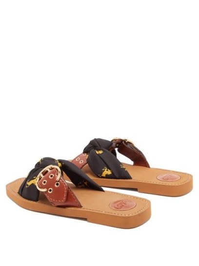 CHLOÉ Little Horse-print jersey and leather sandals ~ brown buckle slides - flipped
