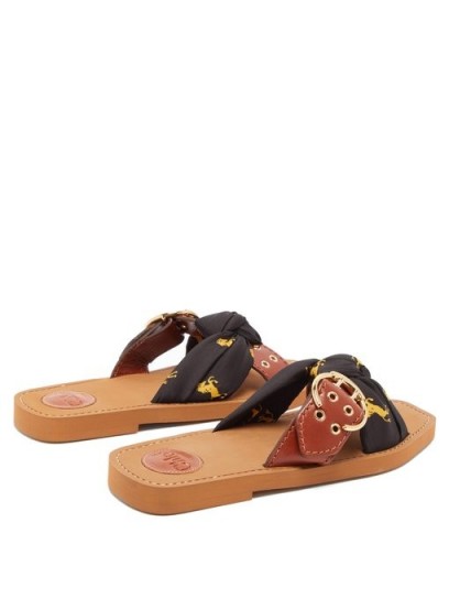 CHLOÉ Little Horse-print jersey and leather sandals ~ brown buckle slides