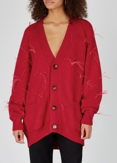 MARQUES’ ALMEIDA Red feather-embellished chunky-knit cardigan - flipped