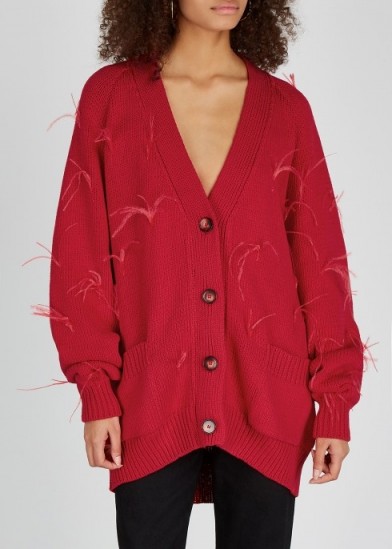 MARQUES’ ALMEIDA Red feather-embellished chunky-knit cardigan