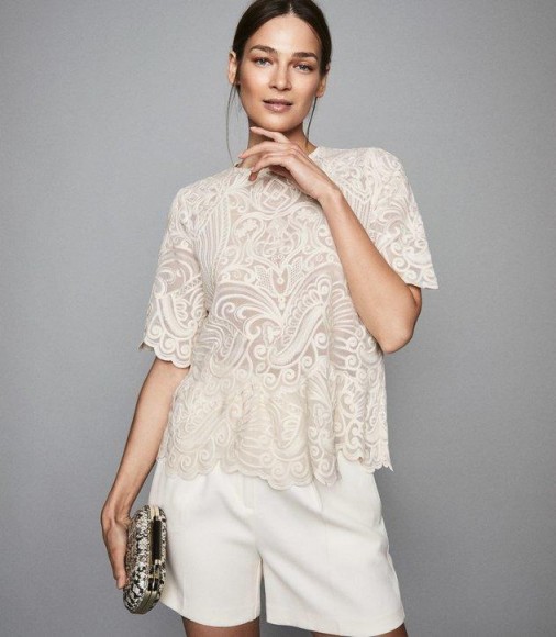 REISS MELANIA LACE TOP IVORY ~ feminine scalloped edge blouse