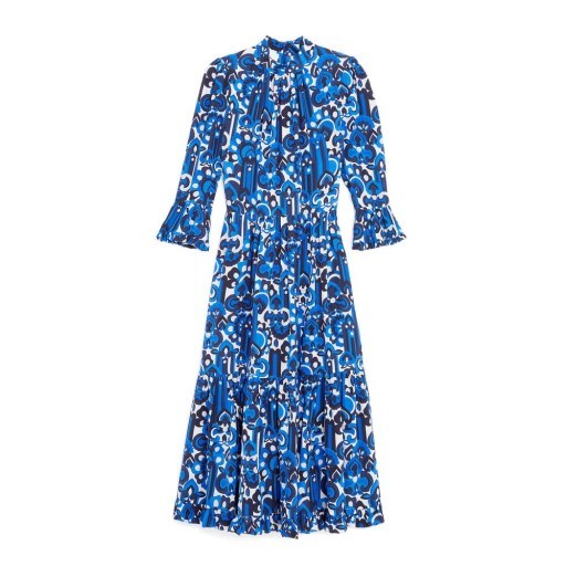 goop x La DoubleJ MIDI VISCONTI CREPE DE CHINE DRESS in LISBOA BLUE / high neck frilled cuff dresses - flipped