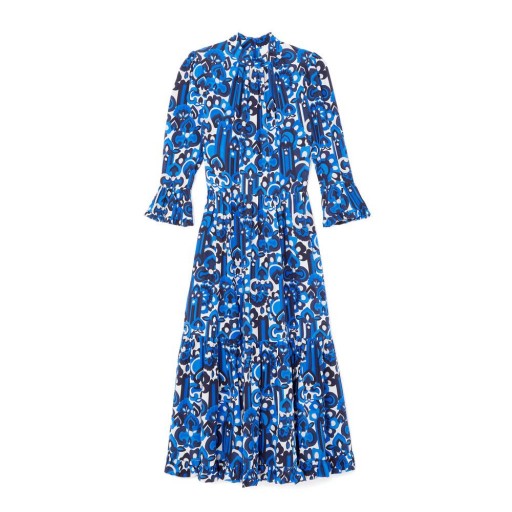 goop x La DoubleJ MIDI VISCONTI CREPE DE CHINE DRESS in LISBOA BLUE / high neck frilled cuff dresses