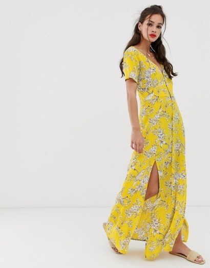 Miss Selfridge maxi dress with button through in yellow pattern / long side split summer frock - flipped
