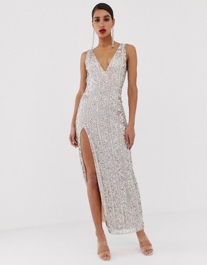 Missguided Peace and Love embellished maxi dress with side split in silver | party glamour | glamorous gowns - flipped