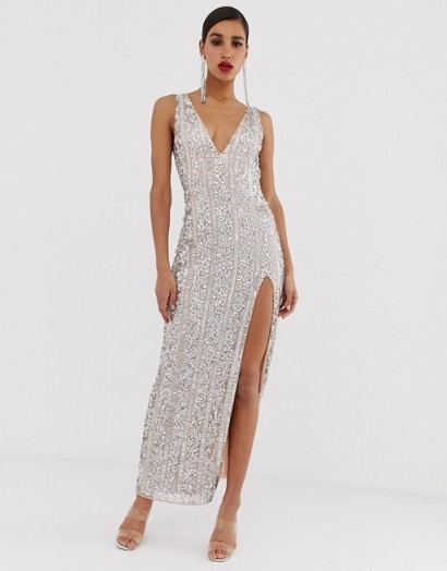 Missguided Peace and Love embellished maxi dress with side split in silver | party glamour | glamorous gowns