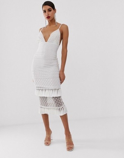 Missguided Peace and Love maxi dress in white with embellished hem | thin strap plunging party dresses - flipped
