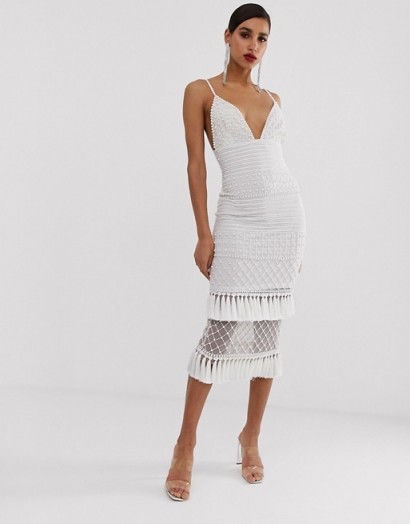 Missguided Peace and Love maxi dress in white with embellished hem | thin strap plunging party dresses