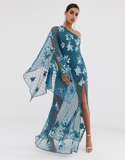 Missguided Peace and Love one shoulder maxi dress with embellishment in blue | long luxe embellished party gown