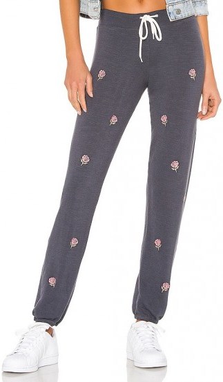 MONROW Vintage All Over Rose Embroidery Sweats – pretty floral sweat pants - flipped