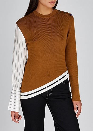 MONSE Brown panelled wool jumper ~ asymmetric hem sweater