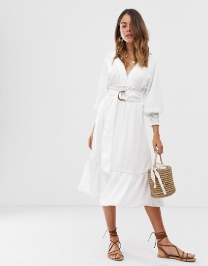 Moon River belted midi dress | white split sleeve summer dresses - flipped