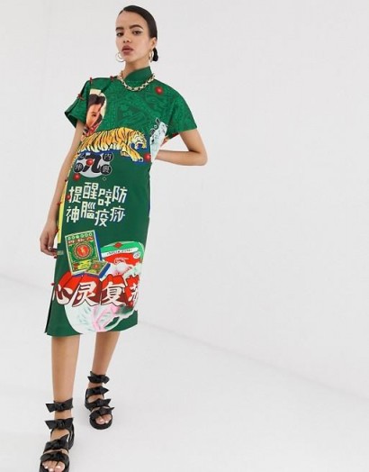 Mukzin midi dress with tiger print in green | oriental inspired fashion