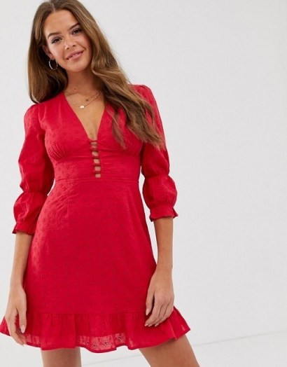 Neon Rose mini plunge tea dress with ruffle hem in red broderie | plunging fit and flare - flipped
