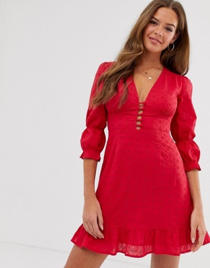 Neon Rose mini plunge tea dress with ruffle hem in red broderie | plunging fit and flare