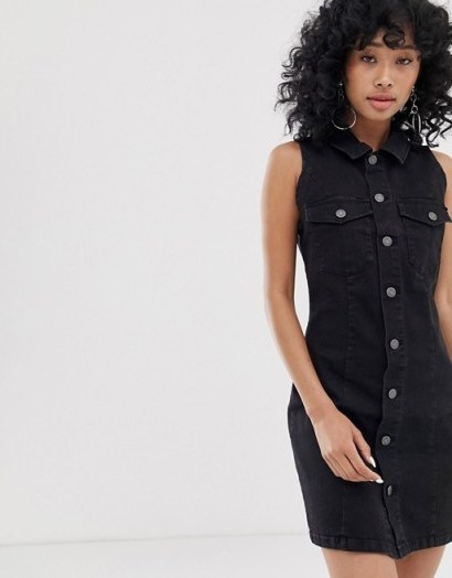 Noisy May button front sleeveless denim mini dress in black | shirt dresses - flipped