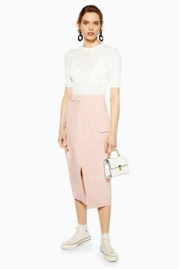 Topshop Nude Split Utility Midi Skirt | pale-pink front slit pencil skirts - flipped
