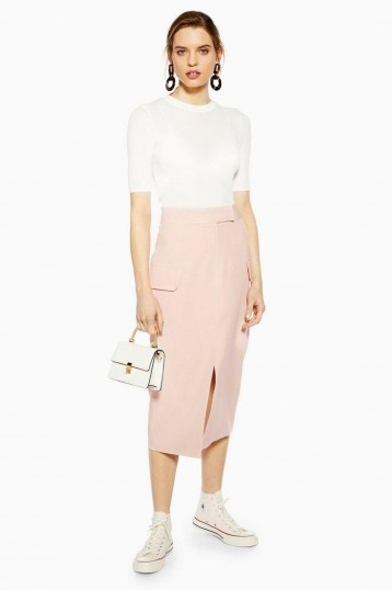 Topshop Nude Split Utility Midi Skirt | pale-pink front slit pencil skirts