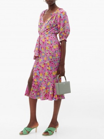 SALONI Olivia lemon-print silk-crepe midi dress in pink ~ frill trimmed summer dresses - flipped
