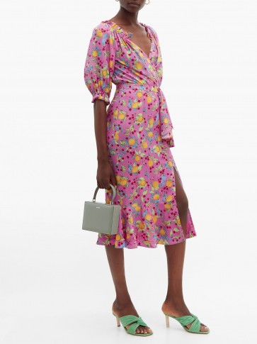 SALONI Olivia lemon-print silk-crepe midi dress in pink ~ frill trimmed summer dresses